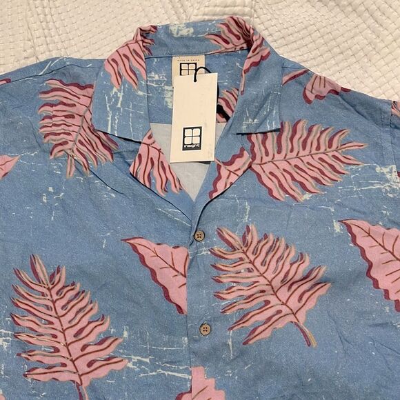 Insight Blue and Pink Leaf Print Men's Shirt - Picture 3 of 7